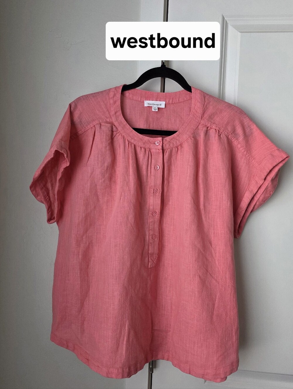 Westbound Coral-Pink Short Sleeve Five Button Front Linen Blend Top